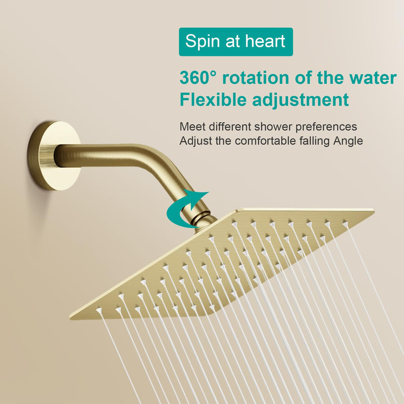 6 Inch Rain Shower head, High Flow Stainless Steel Rainfall Shower Head, High Pressure Design (Brushed Gold, Square) Brushed Gold