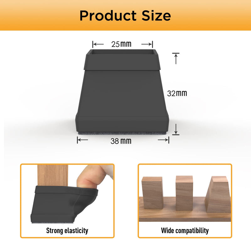 16 PCS Square Chair Leg Floor Protector, Silicone Chair Leg Cover, Furniture Leg Protectors with Felt, Mobile Table Leg pad, Protect The Floor from Scratches.1 1/2 in Black. Square L(1.26-1.57")