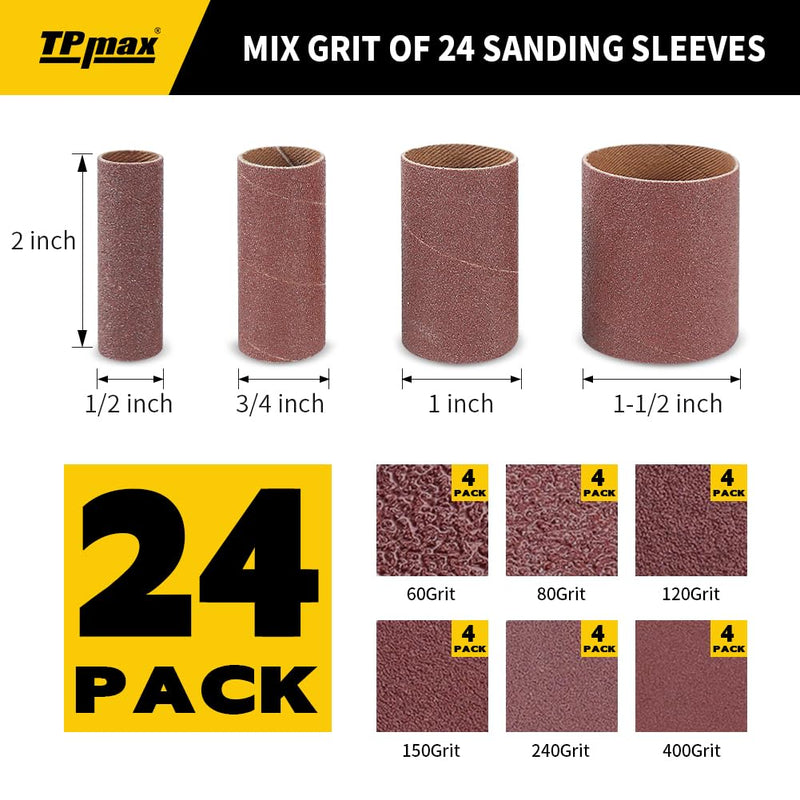 24-Pack Assorted Grit Spindle Sanding Sleeves - 2-Inch Length - Various Diameters of 1/2 in, 3/4 in, 1 in, and 1-1/2 inches 60/80/120/150/240/400 Grit(24 pk)
