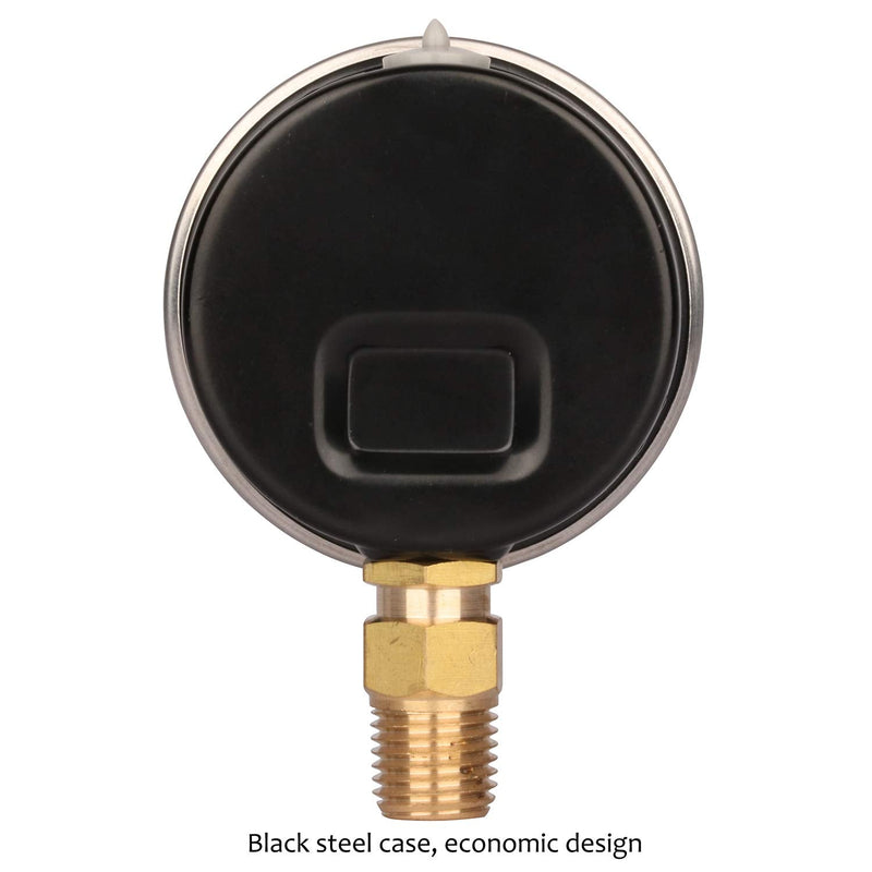 MEASUREMAN 2" Dial Size, Glycerin Filled Plumbing Pressure Gauge, 0-100psi, Black Steel Case, 1/4" NPT Lower Mount 0-100 psi Lower Mount Single Scale