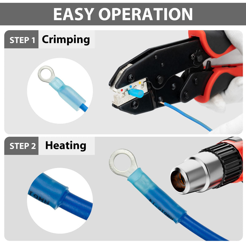 Sanuke 105Pcs 16-14 AWG - #10 Heat Shrink Ring Terminals 0.8mm Tinned Pure-Copper Marine Grade Waterproof Heat Shrink Wire Connectors Blue Ring #10 AWG 16-14 Blue 105