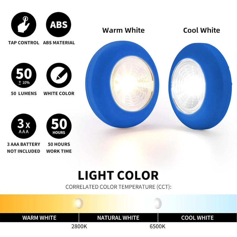 Dream Master Battery Operated Lights Tap Lights LED Push Lights Stick on Lights Portable Under Cabinet Lighting Wireless Kitchen Closet Counter Night Lights 5 Pack, Blue, Cool Light Blue-Cool Light