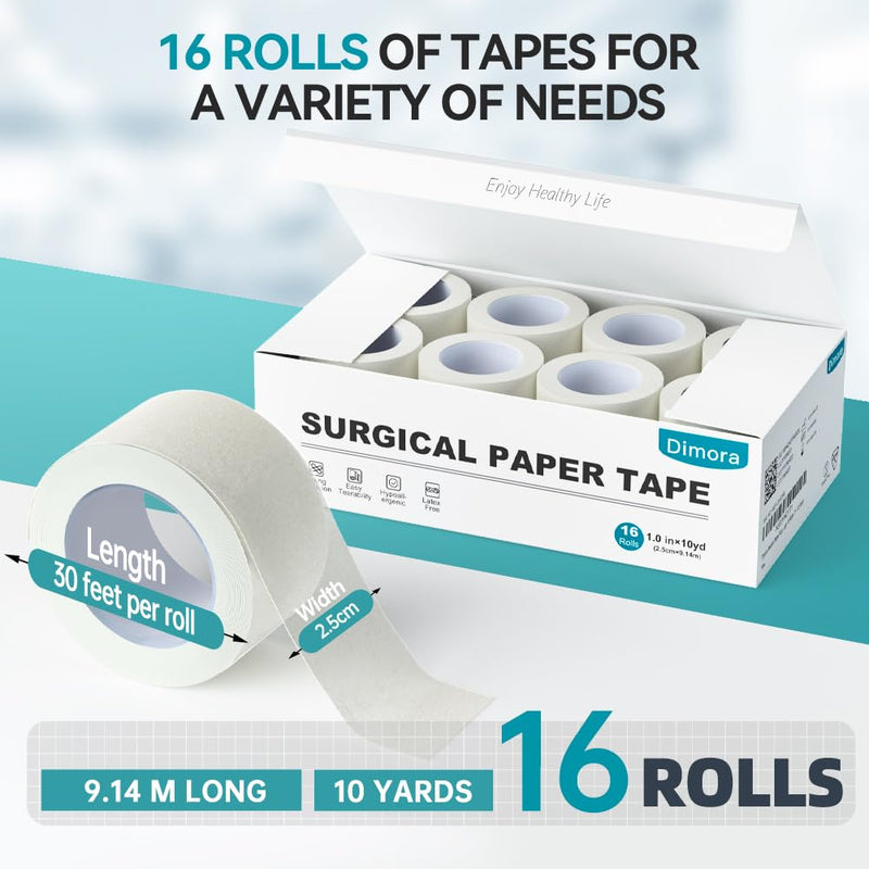 Dimora Paper Medical Tape 16 Rolls- Hypoallergenic White Surgical Tape for Sensitive Skin，Breathable First Aid Wound Tape with Pain-Free Removal，Secures Dressing and Medical Devices -1" x 10 Yards White-Paper Tape 16 Rolls