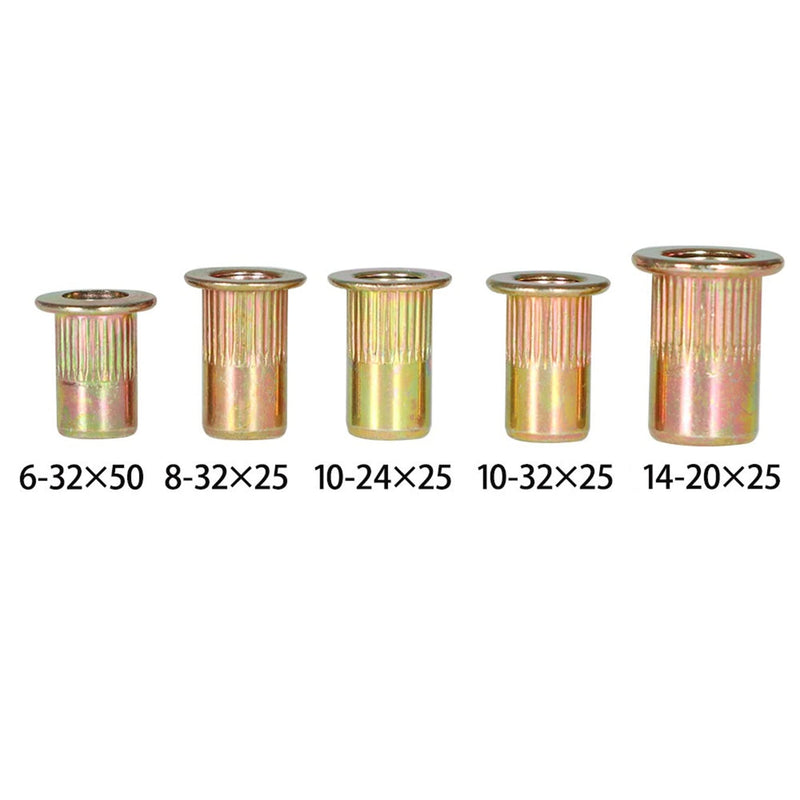 150Pcs Rivet Nuts SAE (1/4-20 10-32 10-24 8-32 6-32) Rivet Nut Assortment Kit Carbon Steel Flat Head Threaded Insert Nutserts 1/4-20 10-32 10-24 8-32 6-32