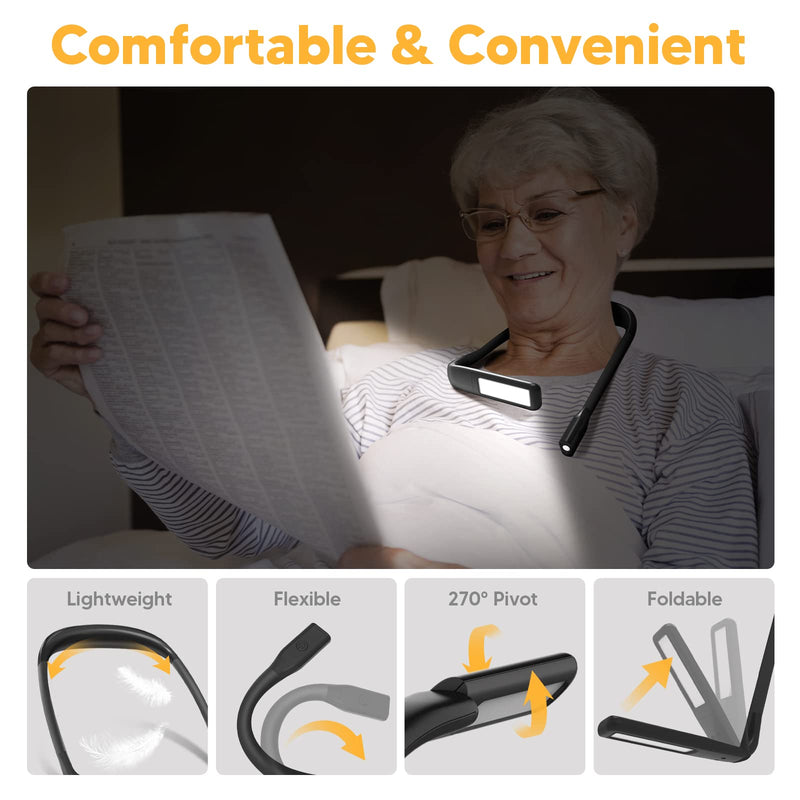 Neck Reading Light Book Lovers Gifts, Rechargeable 2000mAh 10-80Hrs Eye-friendly Wide Lamp Booklight, Birthday Christmas Stocking Stuffers for Men Women Readers, Camping Knitting Crochet Accessories Black