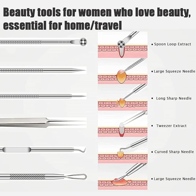 Pimple Popper Tool Kit 6 Pieces Blackhead Remover Acne Needle Tool Set Removal Treatment Comedon Whitehead Popping Pit Nose/Face/Skin Spot Remover Tool Silver - NewNest Australia
