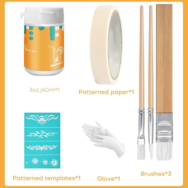(3oz) Etching Starter Kit for Intricate Designs, DIY Art Craft Bundled with 3 Application Brushes, 1 Paper Tape, 1 Nitrile Gloves, 1 Silk Screen Label, Perfect for Mirrors, Windows, Glassware 3 oz kit