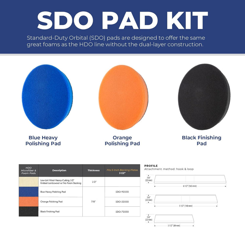 6.5" SDO Foam Buffing and Polishing Pad Kit (Set of 3) – Lake Country Manufacturing – Tapered Edge Pads – Blue Heavy Polishing, Orange Polishing, Black Finishing – Compounding