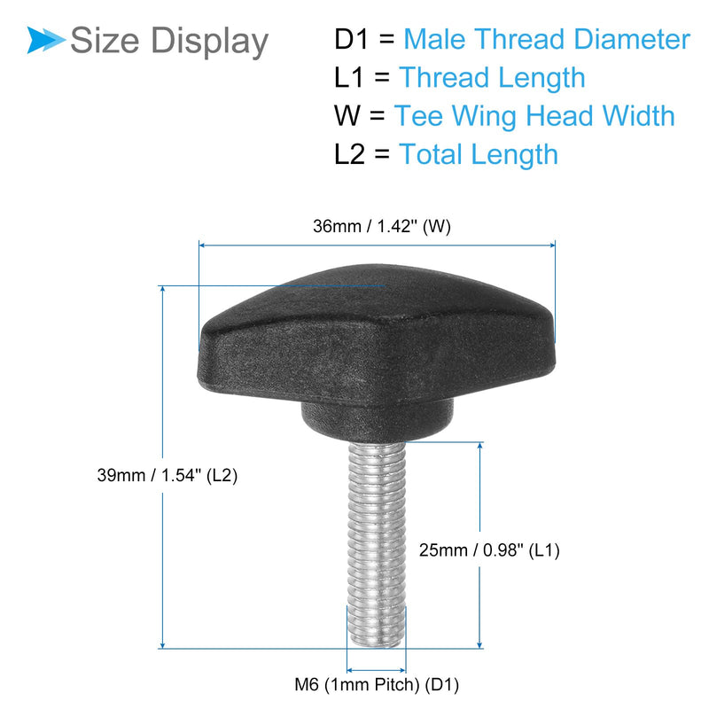 Tee Wing Knobs Thumb Screw, M6 x 25mm Male Thread, Plastic T Thumb Clamping Screw Threaded Stud Hand Knobs Grip, (Applications: for Machinery Lathes), 4-Pieces