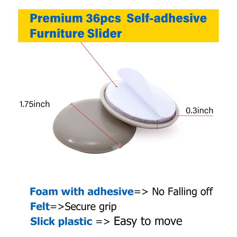 Self-Adhesive Furniture Sliders for Carpets, Furniture Moving Pads (36Pcs) 1-3/4" Furniture Mover Glides, Self Sticks Carpet Furniture Carrier - Move Any Item Quickly and Easily! 1 3/4 inch