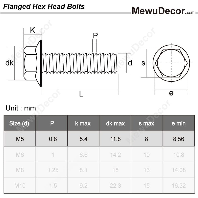 M5-0.8 x 16mm Flanged Hex Head Bolts Flange Hexagon Screws, Stainless Steel 18-8 (304), Plain Finish, 40 PCS M5 x 16mm