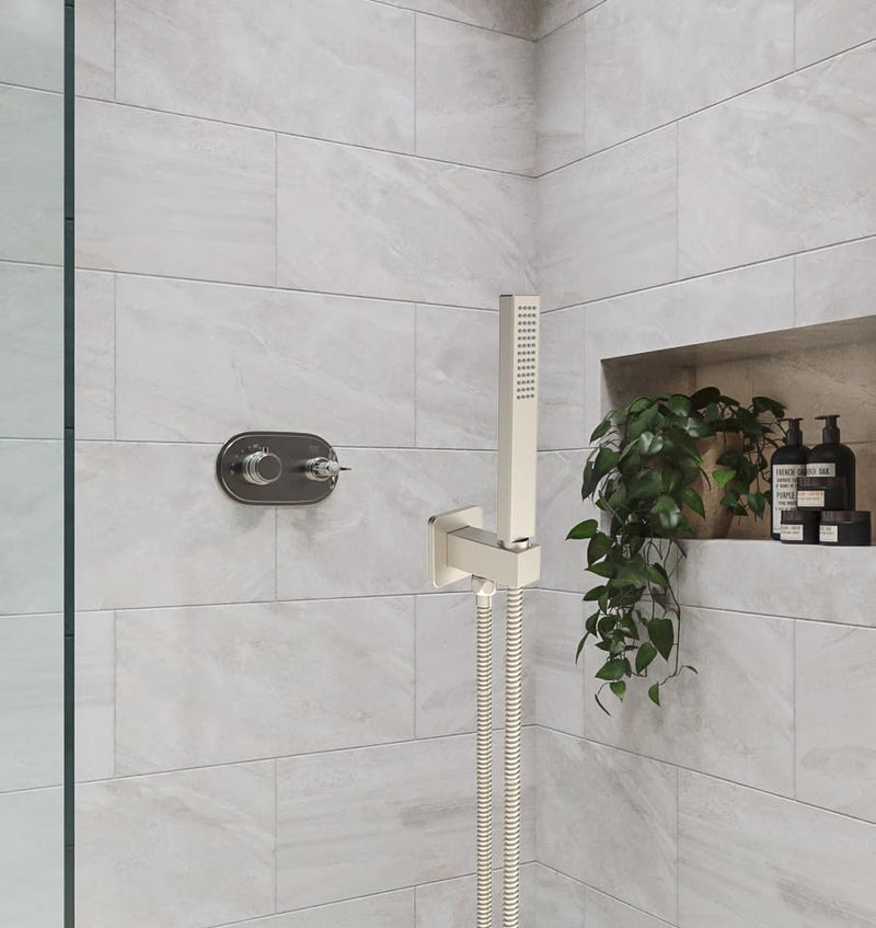Wall Supply Elbow with Flange, Tapered 1/2 NPT Female Inlet, Solid Brass Wall Union With Handshower Holder, Square Wall Supply Elbow With Hand Held Shower Head Bracket, Nickel Brushed PVD