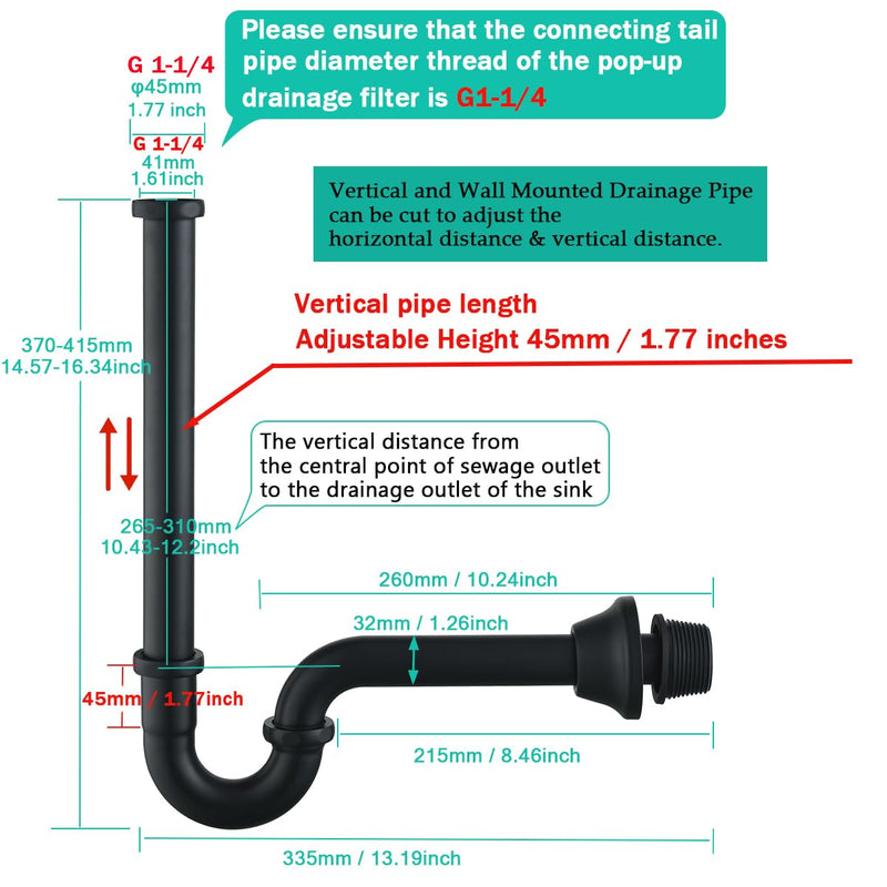 Brass P Trap U-Shape 1 1/4 inch Sink Drain Pipe with Slip Joint Extension Tub,12 inch Vertical Pipe length Adjustable Height Sink Waste Trap Drain Kit Matte Black,SE83555MB-L