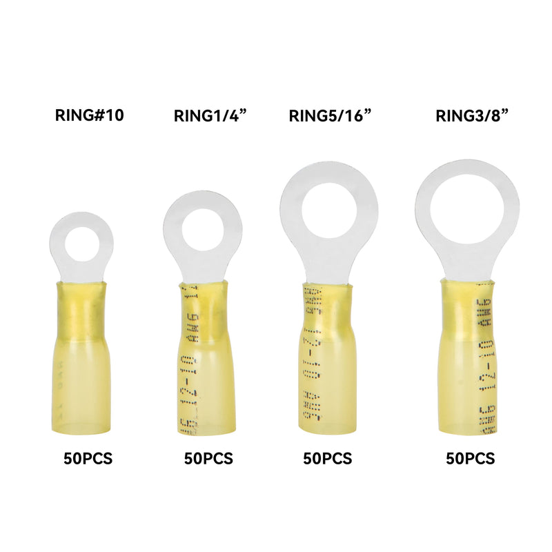 HKS 100PCS Heat Shrink Ring Terminals -Yellow 12-10 AWG - Tinned Red Copper 1.0mm 4 Sizes #10,1/4",5/16",3/8" - Marine Electrical Wire Connector Kit - Waterproof and Insulated Crimp Terminals Set Yellow Ring Terminal