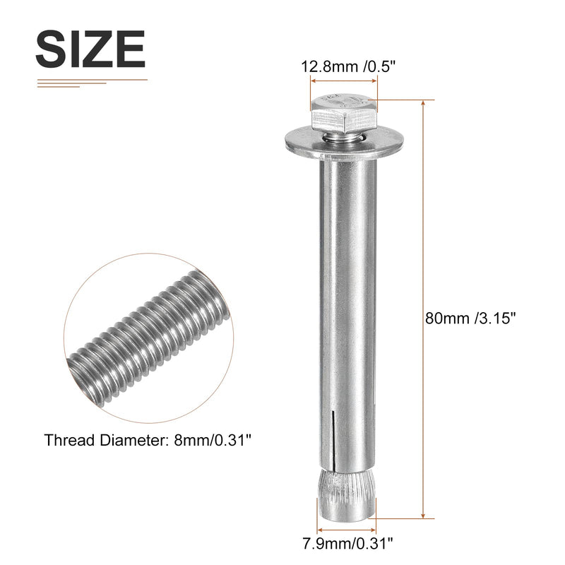 M8 x 80 Hex Expansion Bolts - 5Pack - Good for Concrete Dry Brick Block Walls - 304 Stainless Steel - Silver M8 x 80 5