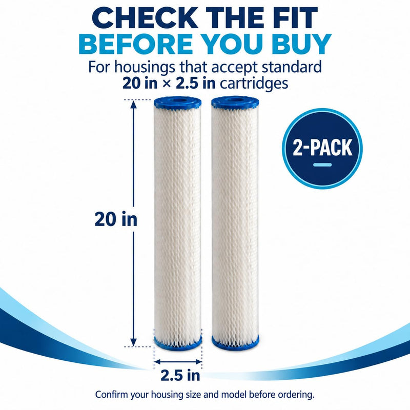 2-Pack 20" x 2.5" 1 Micron Pleated Sediment Water Filter Cartridge Replacement for HDX SPC-25-2001, Watts FM-1-20, Pentek S1-20 – Universal Replacement Whole House Water Filter Cartridges 02 Pack