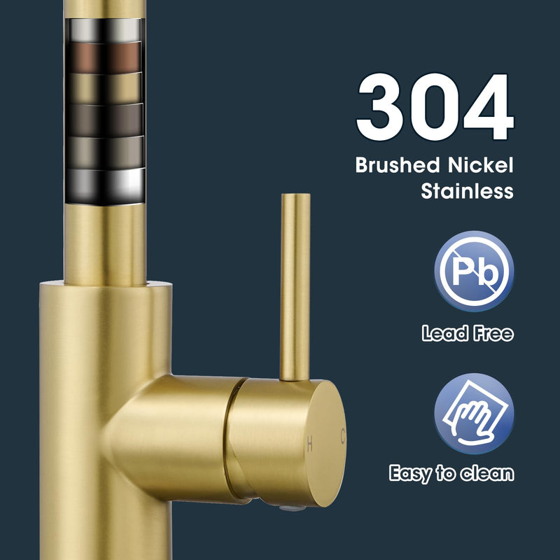 Kitchen Faucet with Pull Down Sprayer, Brushed Gold High Arc Single Handle Spring Pull Out Stainless Steel Faucet for Kitchen Sink, 2 Mode Utility Ideal for Laundry Camper Bar RV Room B-Gold Classic