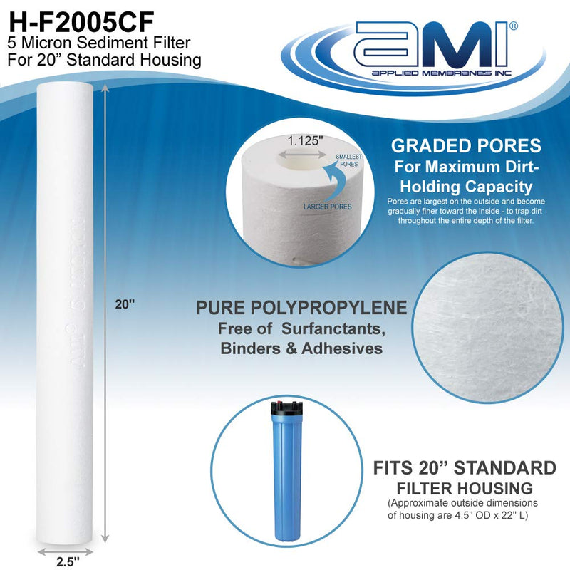 APPLIED MEMBRANES INC. 5 Micron Sediment Filter Replacement 2.5x20 | 20-inch Standard Size Fits All Standard Filter Housing | Removes Rust, Dirt, Sand, Silt, and Suspended Solids | H-F2005CF