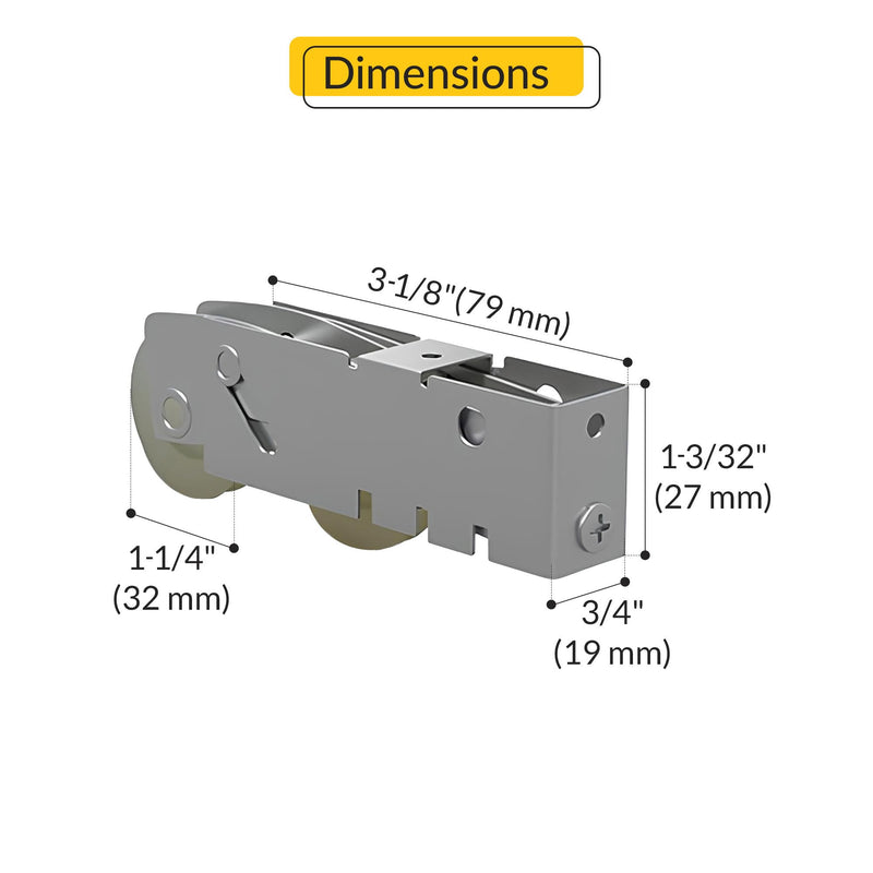 Brixwell Patio Door Roller Tandem with 1-1/4" Nylon Wheels, Gray Finish, 3-1/8" Length, 3/4" Width, 1-3/32" Height, Sliding Door Roller Assembly, Track System, and Handle Replacement