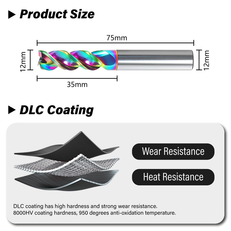 12mm Carbide Square End Mill - 3 Flute Mill Bits - High Feed U-Type Design - for Milling Aluminum Applications - for Roughing and Finishing 12mm