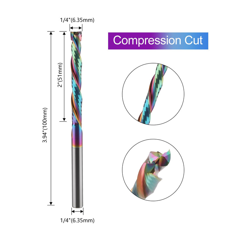 Extra Long Spiral Router Bits Up Down Compression Bit with DLC Coating, 1/4 inch Cutting Dia, 2" Cutting Length,1/4 inch Shank Solid Carbide CNC End Mill for Wood Carving Engraving Grinding Grooving