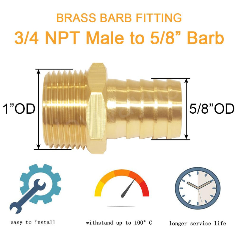 Joywayus Brass Barb Fitting 5/8" Hose Barb x 3/4" Male NPT Water/Fuel/Air(Pack of 2) 5/8"Barb x 3/4"NPT Male 2PCS