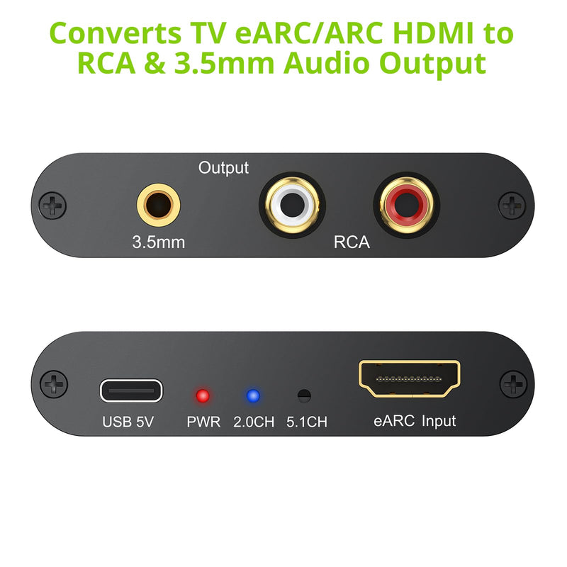 LiNKFOR 192KHz HDMI eARC/ARC Audio Extractor, HDMI to RCA & 3.5mm Converter, Supports Simultaneous Output & TV Remote Volume Control (CEC), for Smart TV to Amplifier, Active Speaker, Headphone