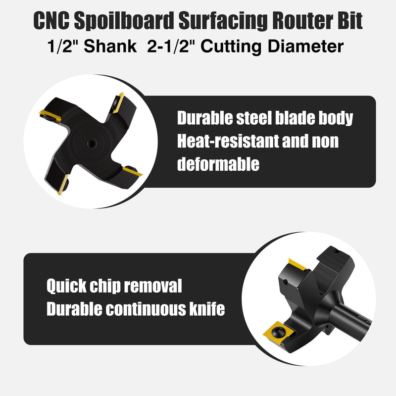 CNC Spoilboard Surfacing Router Bit,4 Wings 1/2" Shank 2-1/2" Cutting Diameter,10 PCS Carbide Insert, Woodworking Tools for Hardwood & Softwood Surfacing Flattening Planing Bit S12.7*D63.5*4T