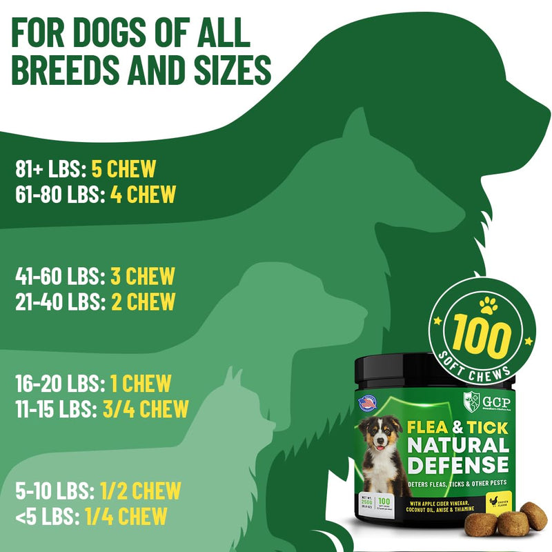 Flea and Tick Chewable Pills - No Harsh Chemicals - 100 Chicken Flavored Treats - Guardian's Choice Pets Brand - Tasty Chews Flea Pills Dogs Love