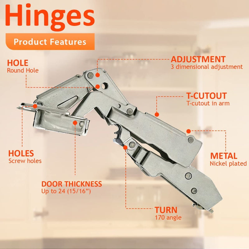 Blum 170 Degree (B71T655) Cabinet Hinges Bundle – Pack of 2 Full Overlay Self Close Door Face Frame Nickel Hinges with Bumpers & 8 Screws Lazy Susan Corner Cabinet Hinges Concealed European Hinges