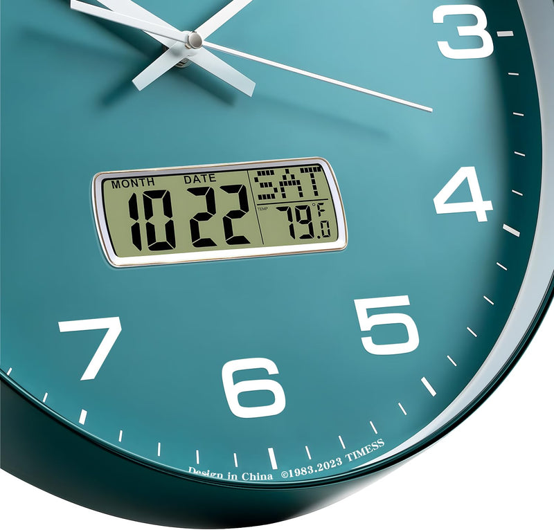 Wall Clock, 12" Dial Non-Ticking Silent Battery Operated Analog with LCD Display for Perpetual Calendar and F° Temperature, Ideal Modern Home, Bedroom, Kitchen, Office Decor (Green) 12 Inch Green