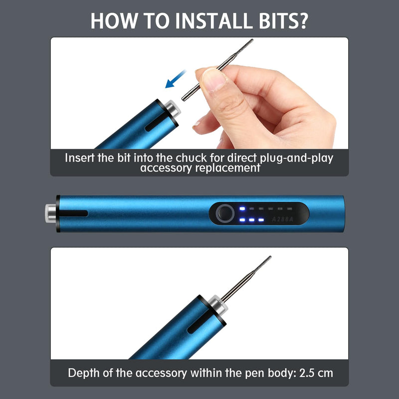 Mini Cordless Electric Engraving Pen with 30 Carving & 2 Drilling & 1 Tungsten Carbide Grinding Rotary Bits for DIY Crafts, USB LED Light 3-Speed Tool Kit for Metal, Wood, Glass, Plastic (Blue) Blue
