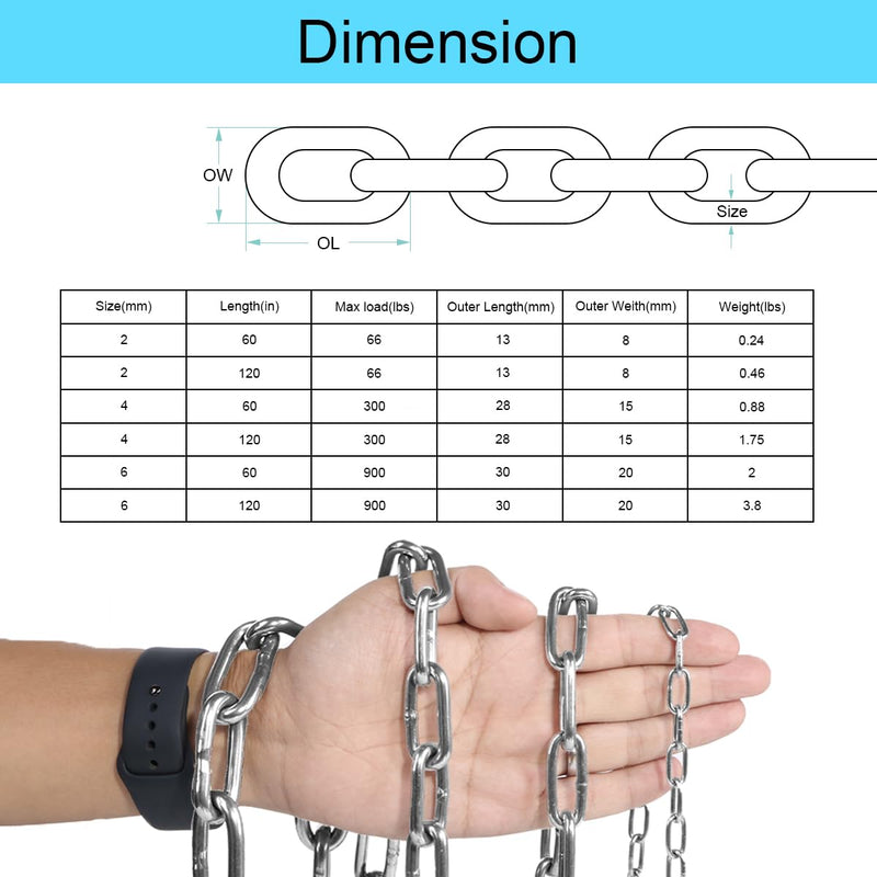 Metal Utility Chain, 304 Stainless Steel Safety Chains Clothesline Hardware Long Link Chain Rings Heavy Duty Coil Chain for Hanging Pulling Towing (2mm/5ft) 2mm/5ft