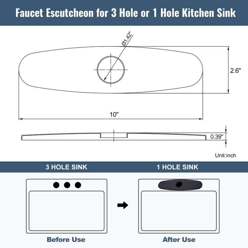 Faucet Plate, ALEASHA Kitchen Sink Cover Stainless Steel Plate Matte Black for 1 or 3 Hole Bathroom or Kitchen Sink Faucet 10 Inch Escutcheon Hole Covers