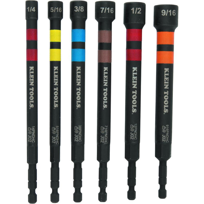 Klein Tools 32950 Ratcheting Impact Rated Hollow Power Nut Driver Set with Handle, Magnetic, Color Coded, 6 SAE Hex Sizes