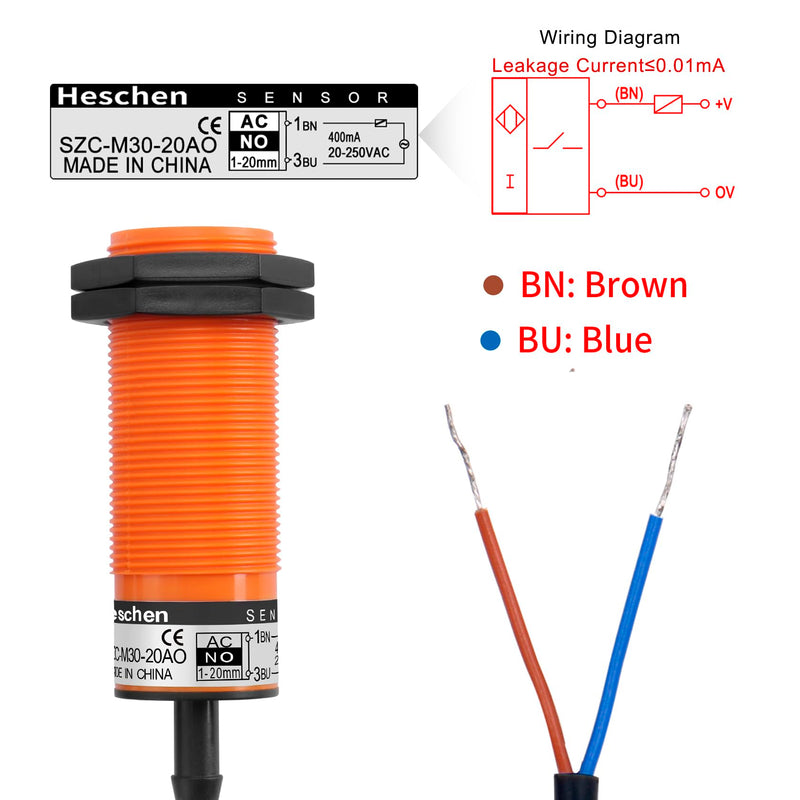 Heschen M30 Capacitive Proximity Sensor Switch Detector 20mm Proximity Switch | SZC-M30-20AO 20-250VAC 400mA Normally Open (NO) 2 Wire
