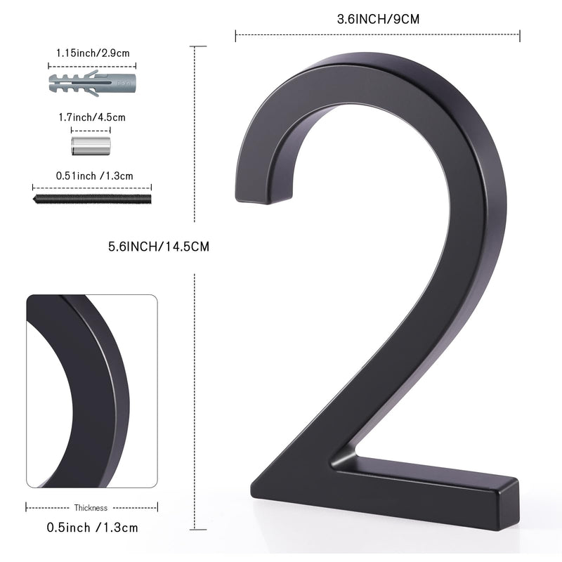Floating House Number 2, YIPLED 6 Inch Modern House Numbers for Home, Mailbox, Street (Black) Black 2