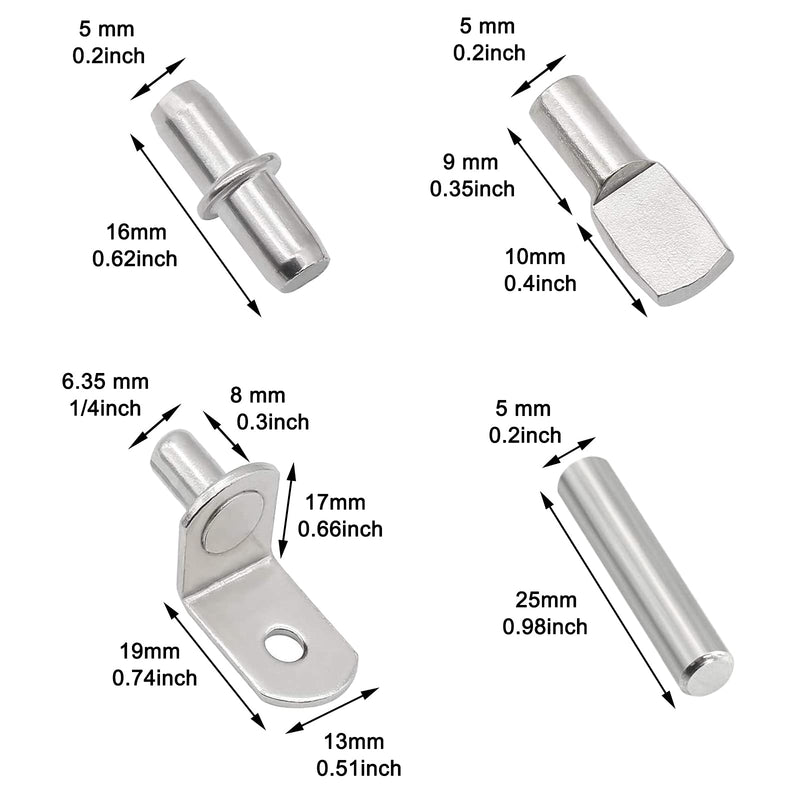 104Pcs Shelf Pins Kit,4 Styles Nickel Plated Shelf Support Pegs,Bookshelf Pegs for Shelves,Cabinet Shelf Bracket Pegs Shelf Pins Holders for Kitchen Furniture & Closet ( 5mm & 1/4inch ) 4 Style-Silver-104 Pcs