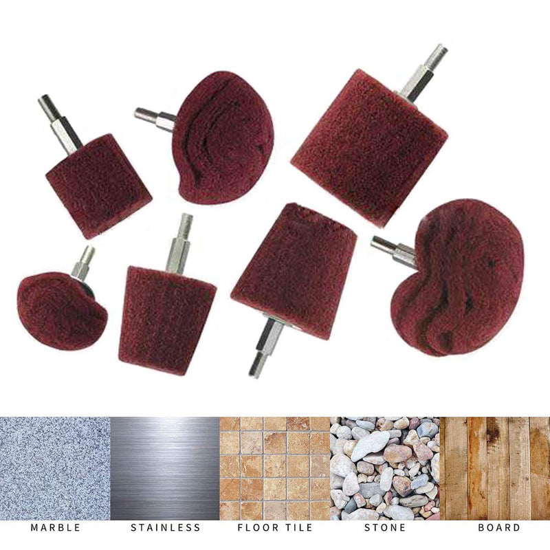 Polishing Brushing Shaped scouring pad Grinding Head - 7 Pcs Red Non Woven Abrasive Drill Buffing Attachment Set with 1/4 Handle for Manifold/Aluminum/Stainless Steel/Chrome etc