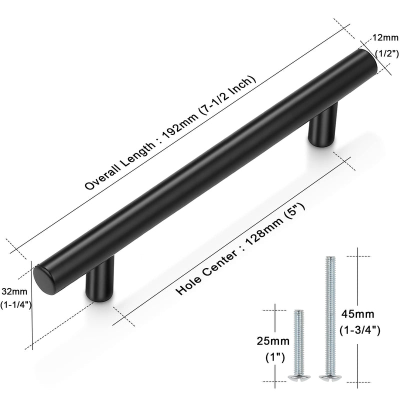 Probrico (5 Pack 5 Inch Hole Centers Flat Black Modern Cabinet Hardware Cupboard Pull Kitchen Cabinet T Bar Handle Dresser Pulls Stainless Steel Cabinet Hardware, 7-1/2 Total Length hole center 5"