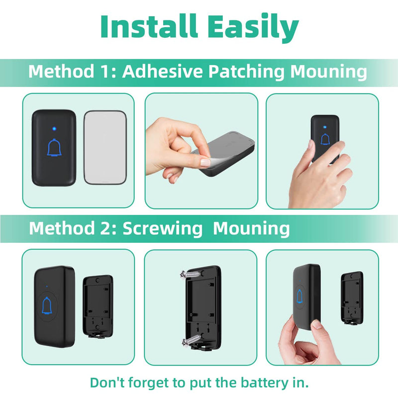 Doorbell Wireless Doorbell Classroom Doorbell IP66 Waterproof 115dB with 56 Chimes Door Bell Ringer Wireless 1000ft Range Battery Doorbells Chime Kit 7 Levels Volume Mute Mode for Home Kid Room Office C-Black