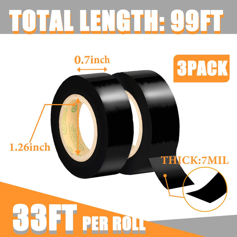 Electrical Tape Black, UL Approved, Industrial Grade Electrical Tape, Multipurpose Electric Tape for Wrapping Wiring Harness, Electric Insulating, 0.7in X 33ft (3 Pack)