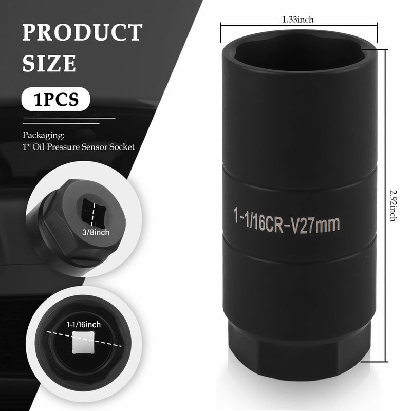 Car Oil Pressure Sensor Socket with 3/8'' Drive,Anti-Rust 1 1/16 Socket for Dismantling Oil Sending Units,Professional 27mm Sockets for Use with 3/8'' Drive or 1 1/8'' Hex Wrench