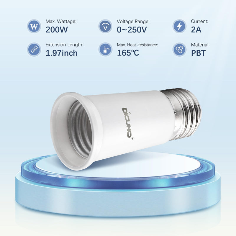 DiCUNO E26 Socket Extender, E26 Standard Medium Base Lamp Bulb Socket Adapter of 5CM/1.97 Inch Extension, Max 200W Light Bulb Extender, 6 Pcs 6 Count (Pack of 1)