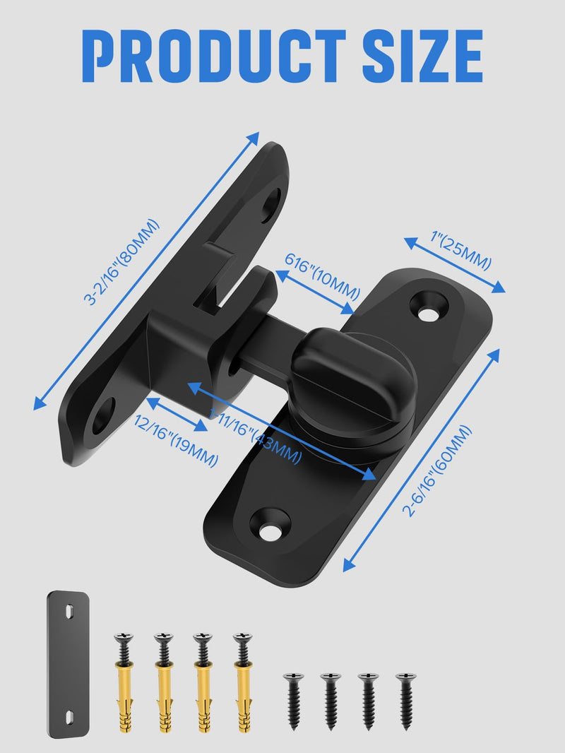 90/180 Degree Flip Barn Door Lock, Protect Privacy - Security Sliding Door Latch, Small Gate Latches Hardware for Barn, Garden, Bathroom, Cabinet, Window (Black-2PCS) Black-2PCS