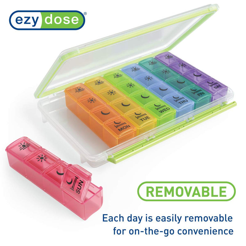 Ezy Dose Weekly (7-Day) Pill Case, Medicine Planner, Vitamin Organizer Box, Convenient and Easy to Use, X-Large Pop-Out Compartments, 4 Times a Day, Rainbow Lids with Case, BPA Free