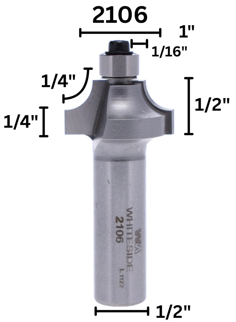 Whiteside 2106 Beading Router Bit: 1/4 Inch Radius, 1 Inch Large Diameter, 1/2 Inch Shank, 1/2 Inch Cutting Length