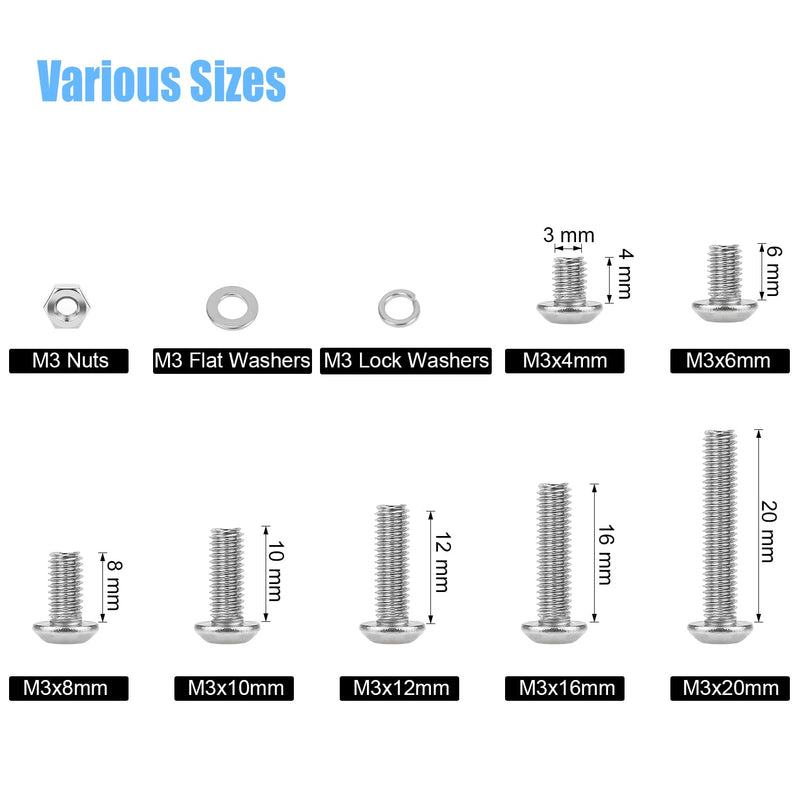 DYWISHKEY 566 Pieces M3x 4/6 /8/10 /12/16 /20mm Button Head Socket Cap Screws Nuts Washers Assortment Kit, M3 Screw Kit, 304 Stainless Steel