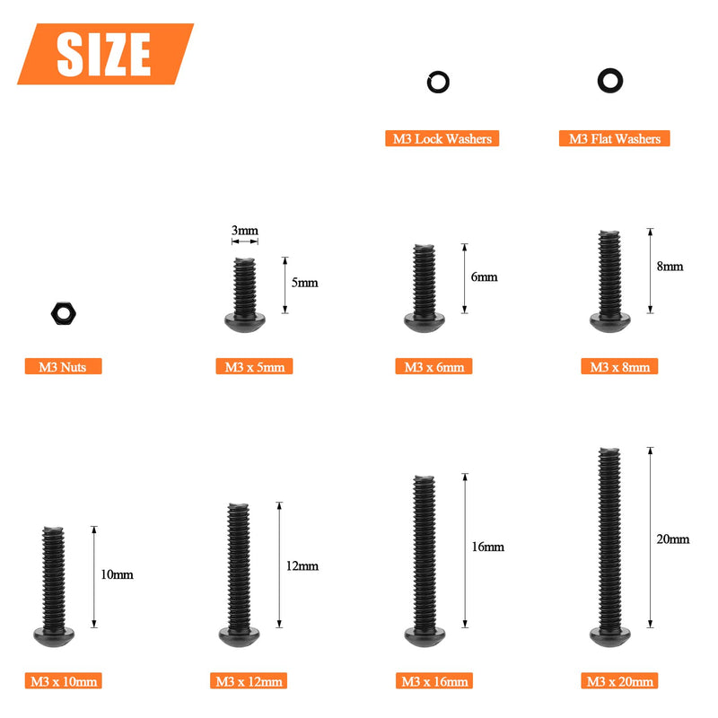 560 Pieces M3 x 5mm /6mm /8mm /10mm /12mm /16mm /20mm, Button Head Socket Cap Screws Bolts Washers Nuts Kit, 10.9 Grade Alloy Steel, Full Threaded, Black