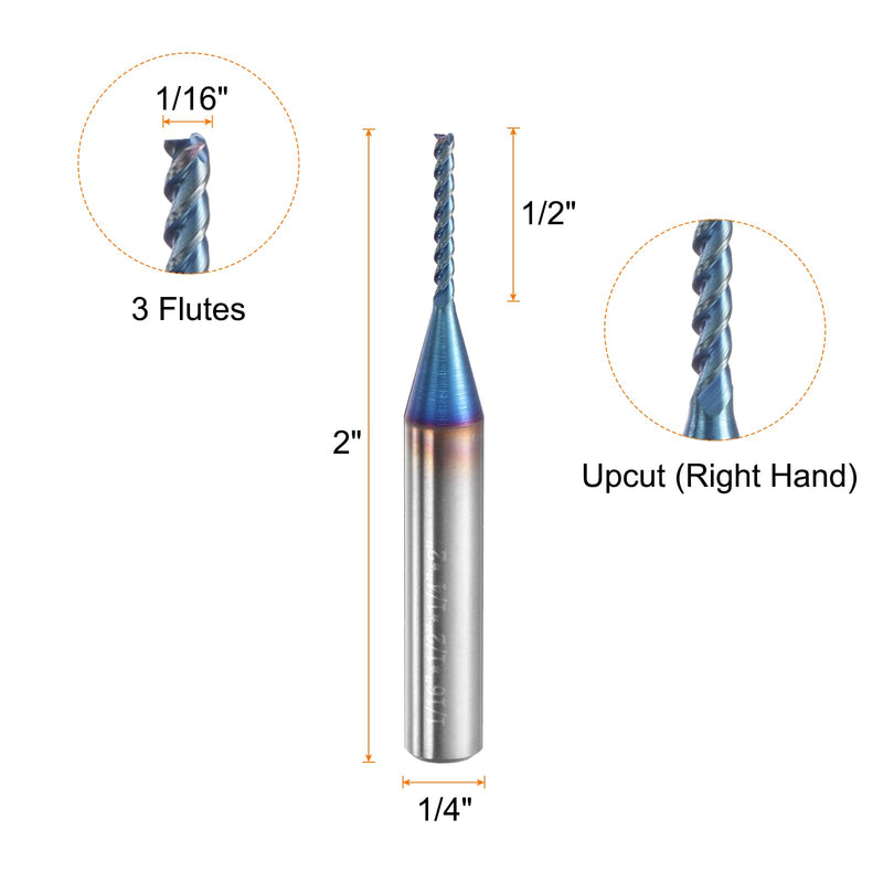 HARFINGTON 3pcs Spiral Router Bit 1/16" Cut Dia 1/4" Shank Up Cut Blue Nano Coated Solid Carbide 3 Flutes CNC End Mill Milling Bits for Wood Plastic Soft Metal (1/2" Cut Length 2" Long) 1/16" x 1/2" x 1/4" x 2"